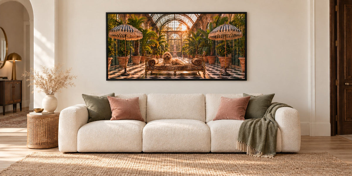 L'Orangerie at 48 by 24 inches in a Noir frame, hung above a cream sofa