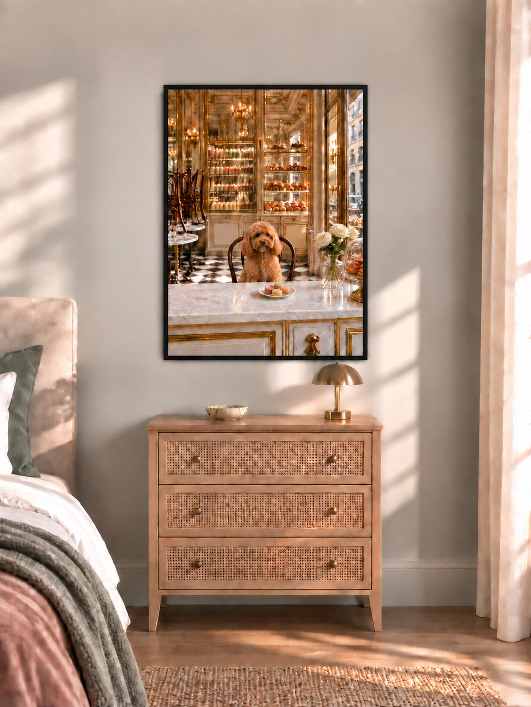 La Patisserie at 30 by 40 inches in a Noir frame, hung above a cane chest of drawers