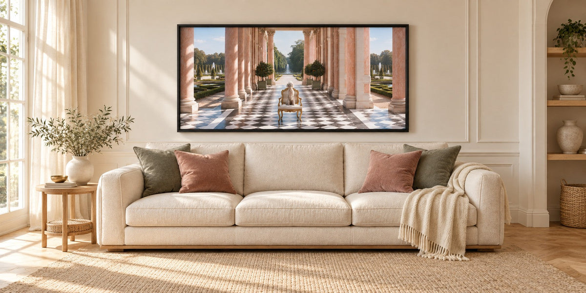 La Colonnade in a Noir frame, hung above a cream sofa