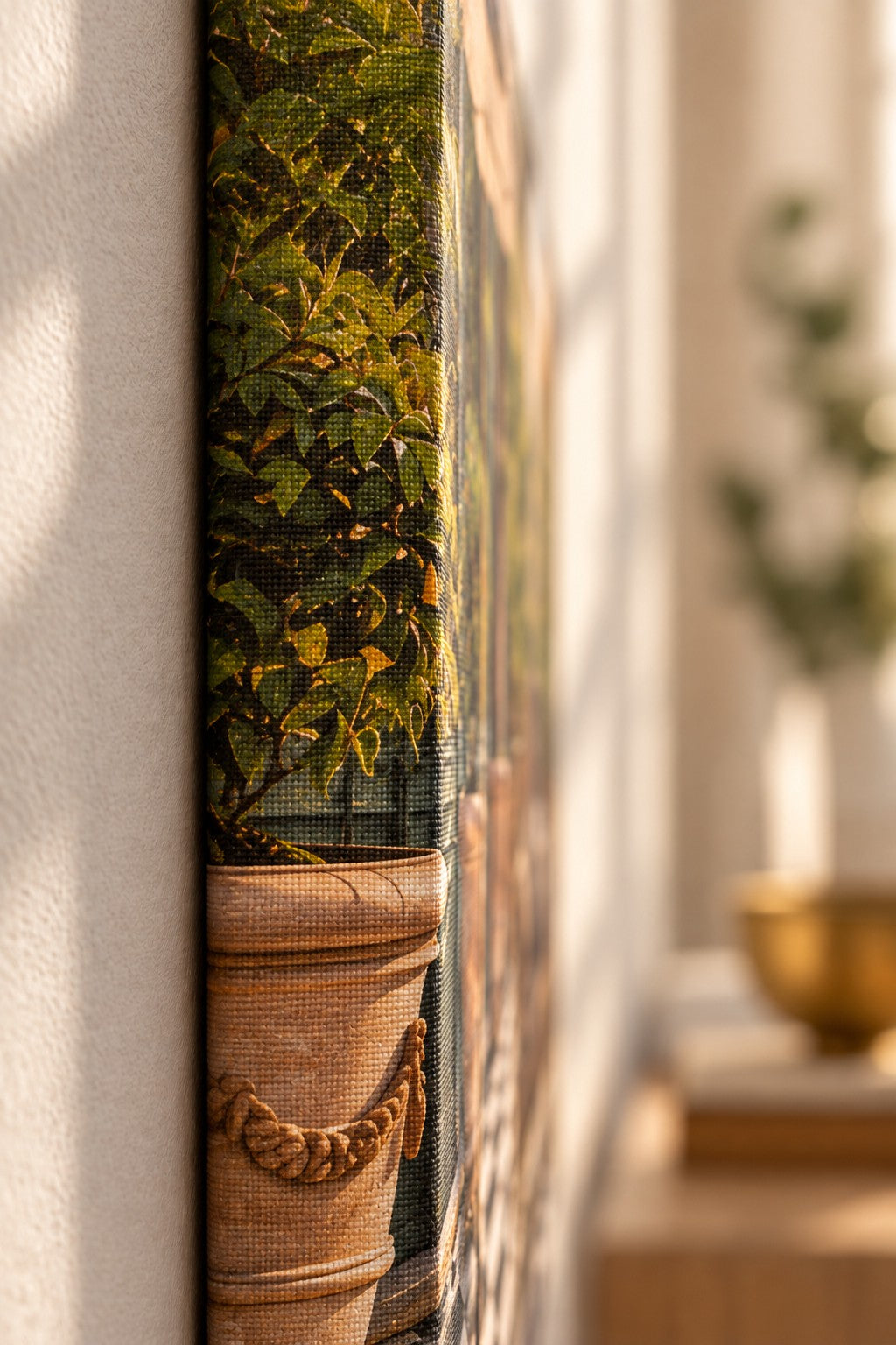 The 1.25 inch side edge of a frameless panoramic canvas, the artwork mirrored around the fold