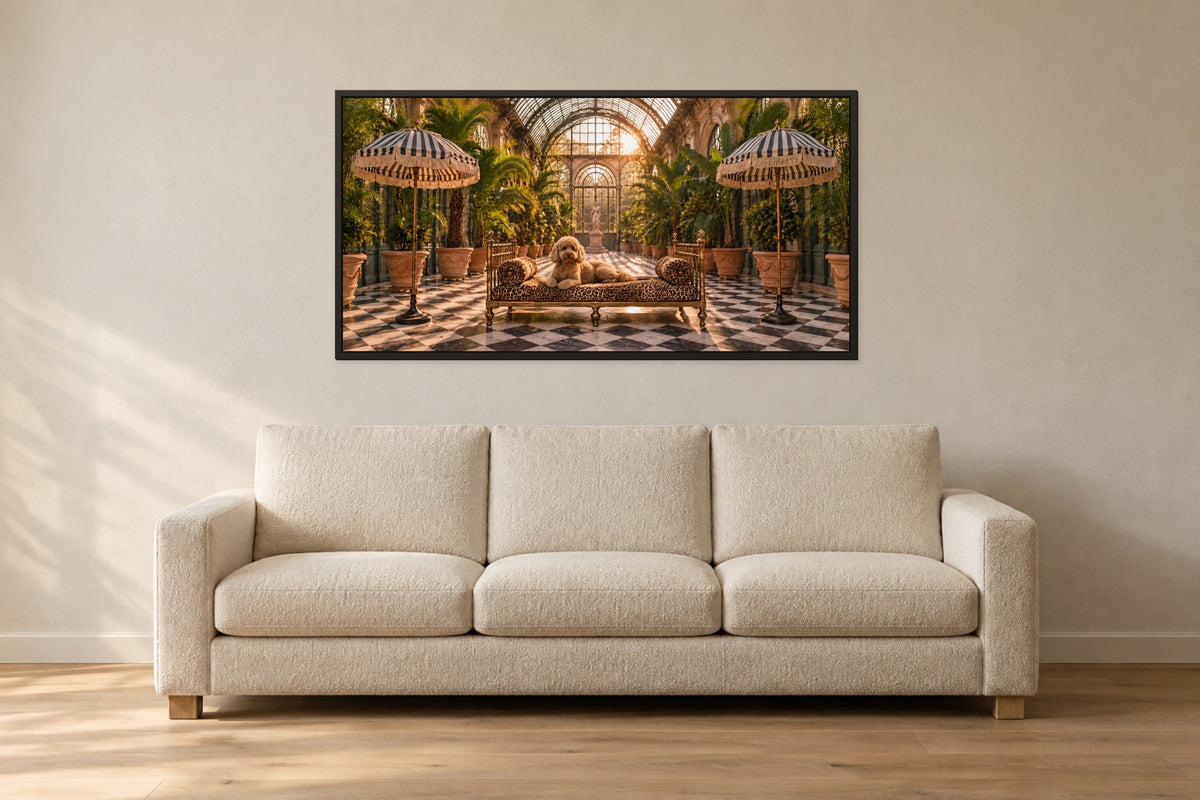 L'Orangerie hung centered above a sofa, photographed square to the wall