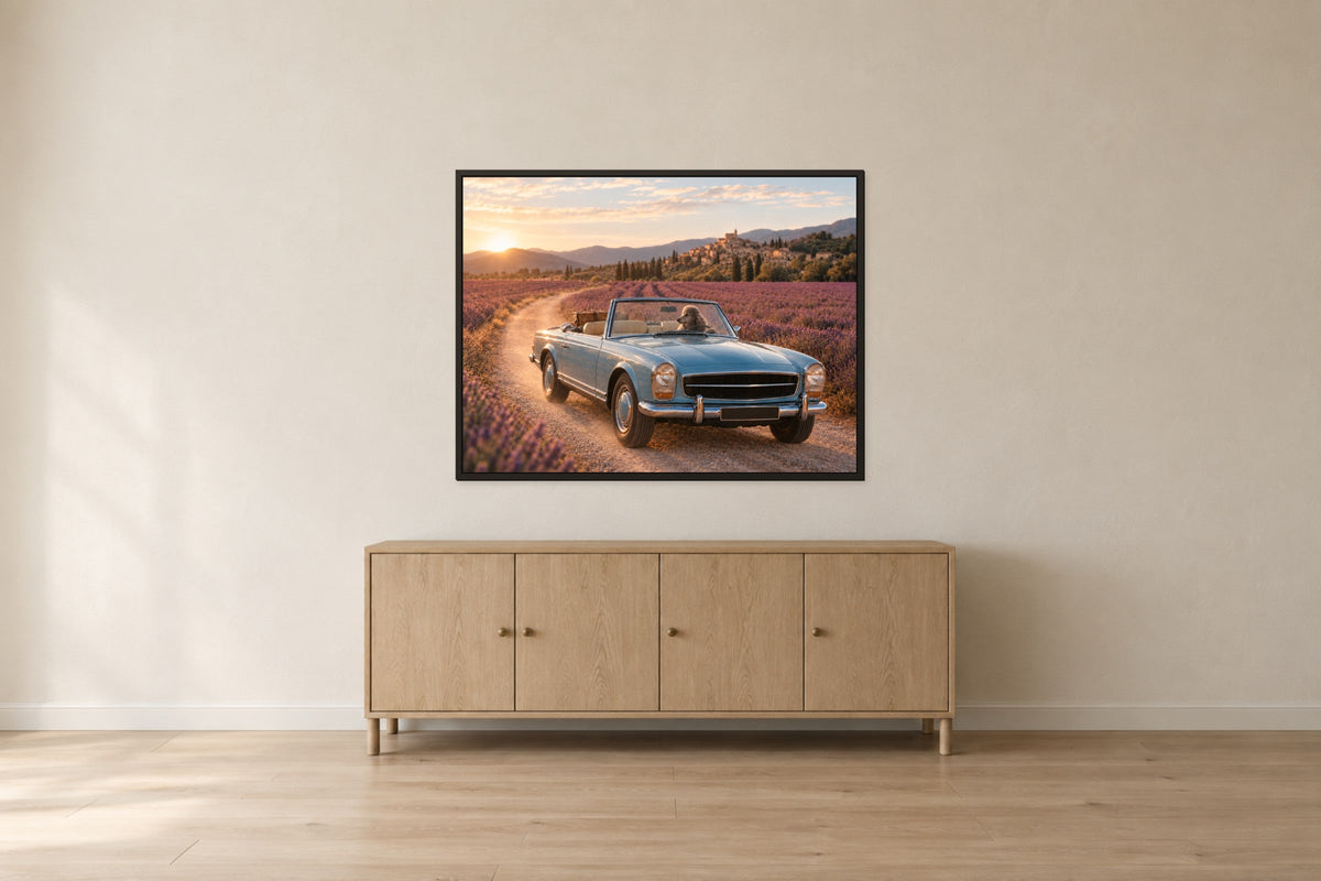 La Lavande hung centered above a sideboard, photographed square to the wall