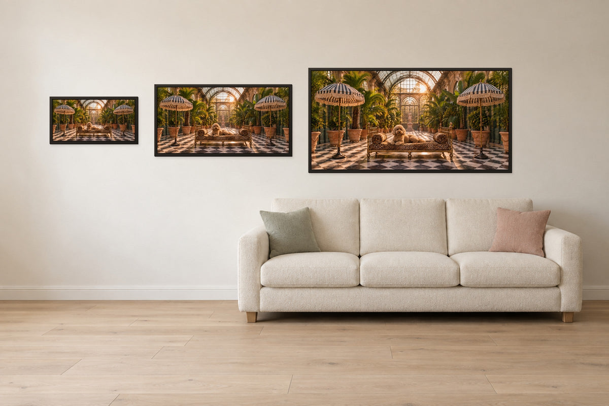 3 sizes shown above a sofa, so you can judge the scale