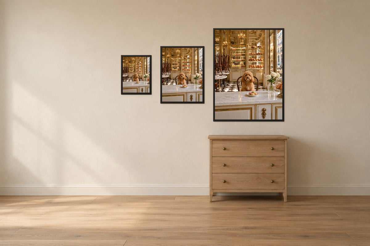 The 3 portrait sizes shown together above a 36 inch chest of drawers, so you can judge the scale