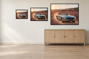 The 3 landscape sizes shown together above a 60 inch sideboard, so you can judge the scale