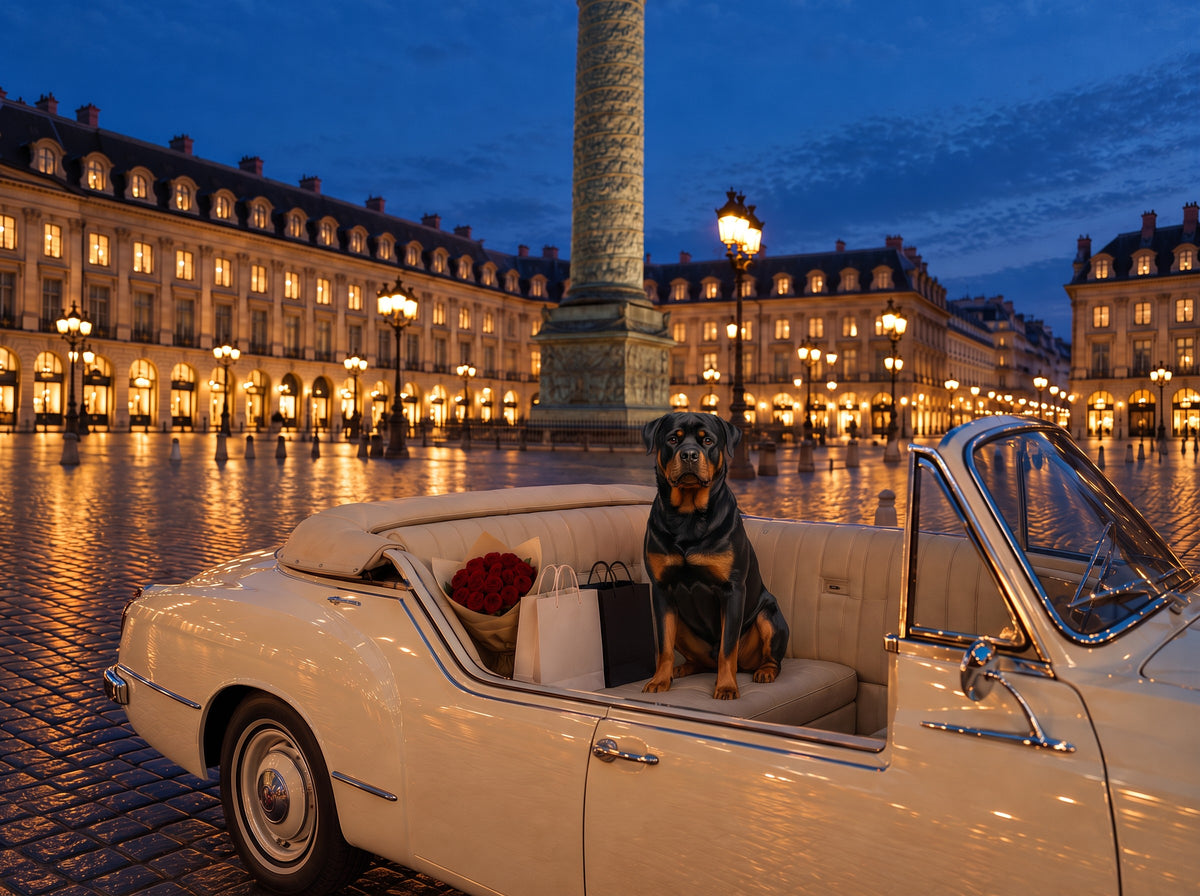 Rottweiler custom dog portrait in the La Place scene, L'Atelier by Bonne et Filou