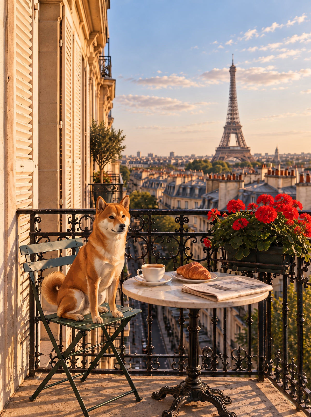 Shiba Inu custom dog portrait in the Le Balcon scene, L'Atelier by Bonne et Filou
