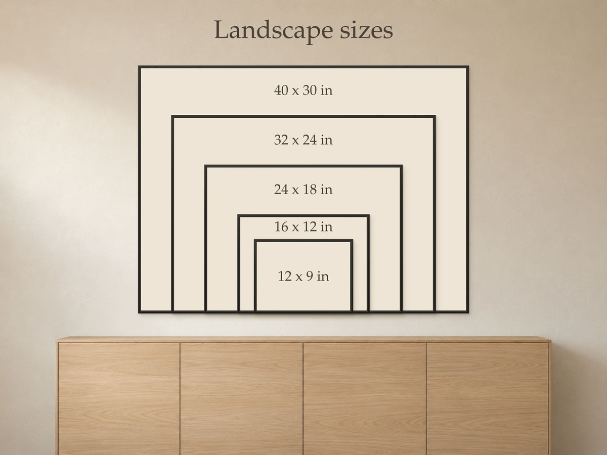 Size guide: the 5 landscape sizes, 12 by 9 up to 40 by 30 inches, shown to scale above a 60 inch sideboard