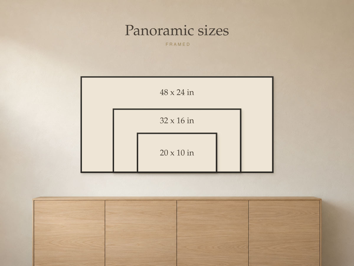 Size guide: the 3 framed panoramic sizes, 20 by 10, 32 by 16 and 48 by 24 inches, shown to scale above a 72 inch sofa