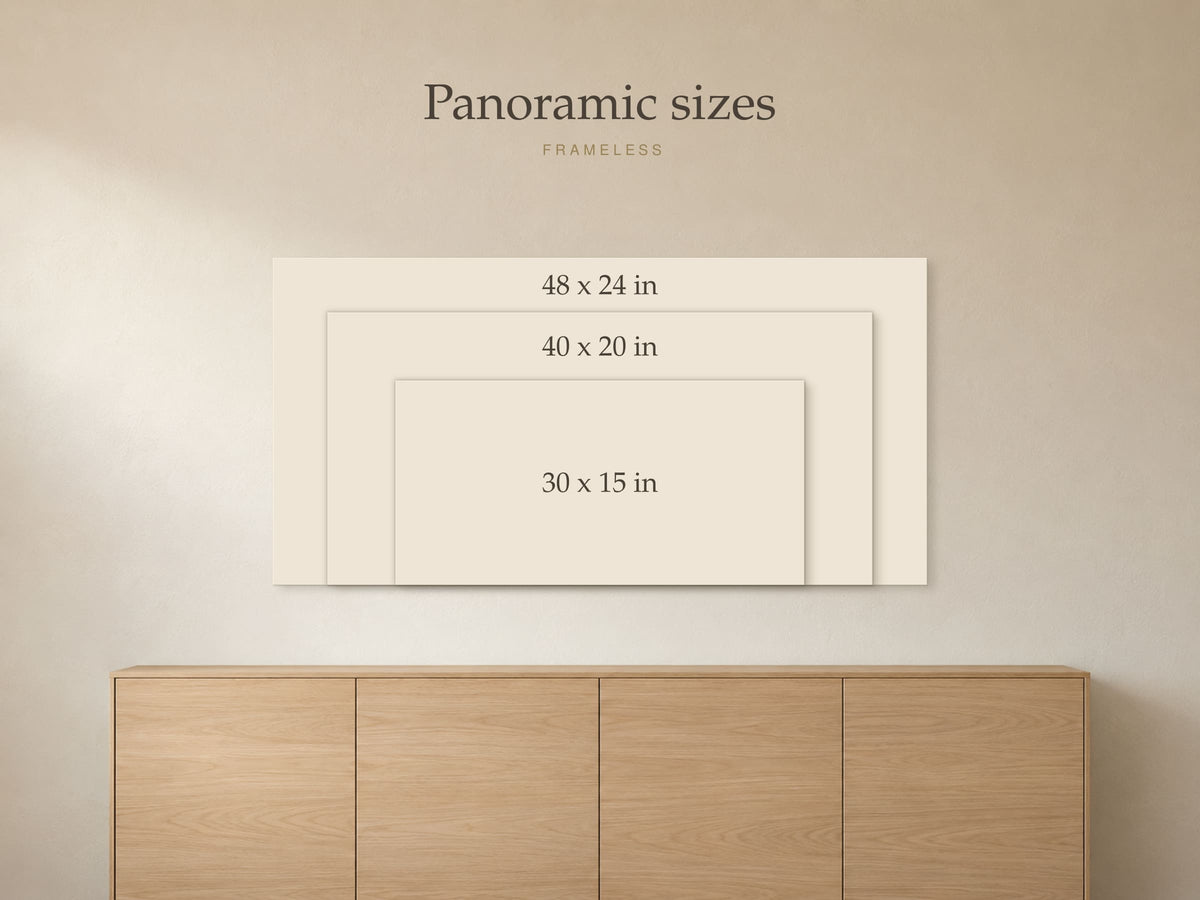 Size guide: the 3 frameless panoramic sizes, 30 by 15, 40 by 20 and 48 by 24 inches, shown to scale above a 72 inch sofa