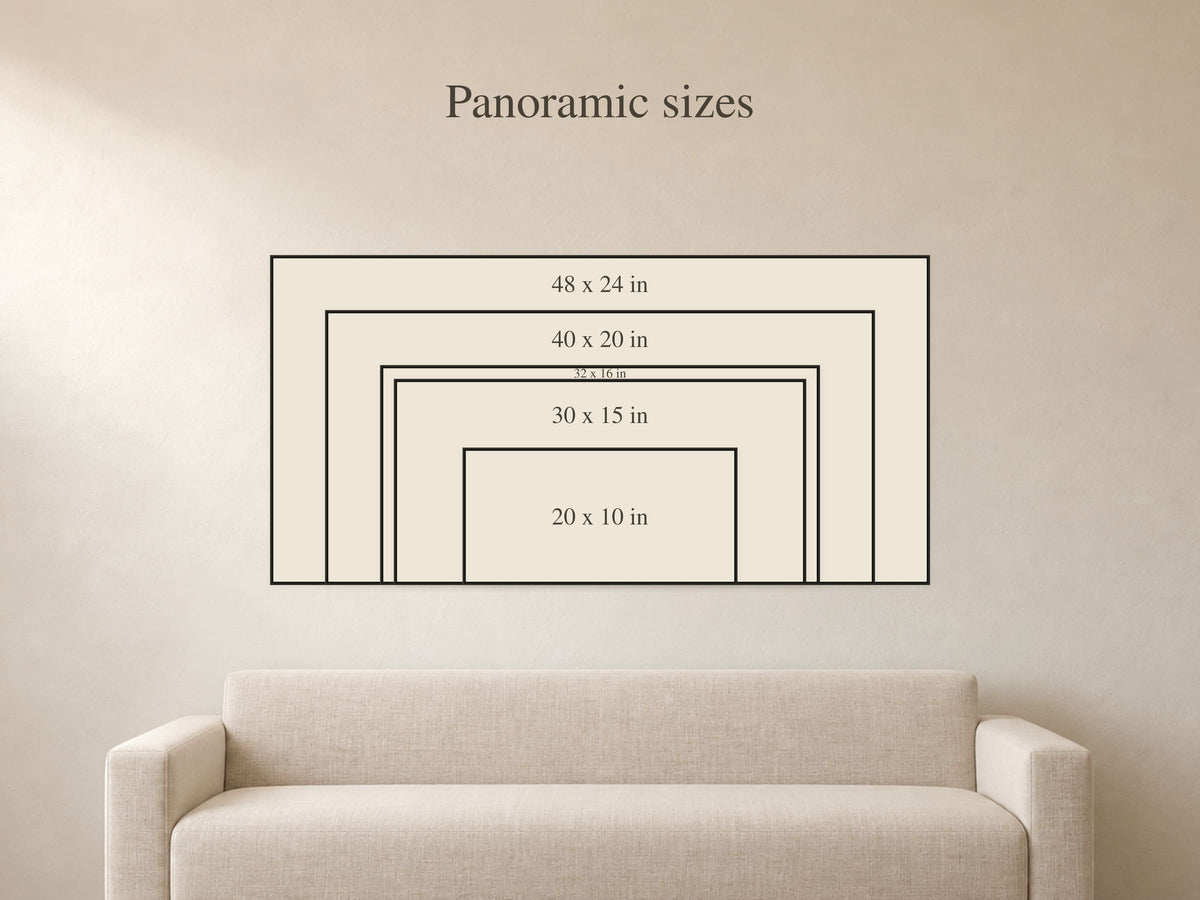 Size guide: the 5 panoramic sizes, 20 by 10 up to 48 by 24 inches, shown to scale above a 72 inch sofa, all available framed or frameless