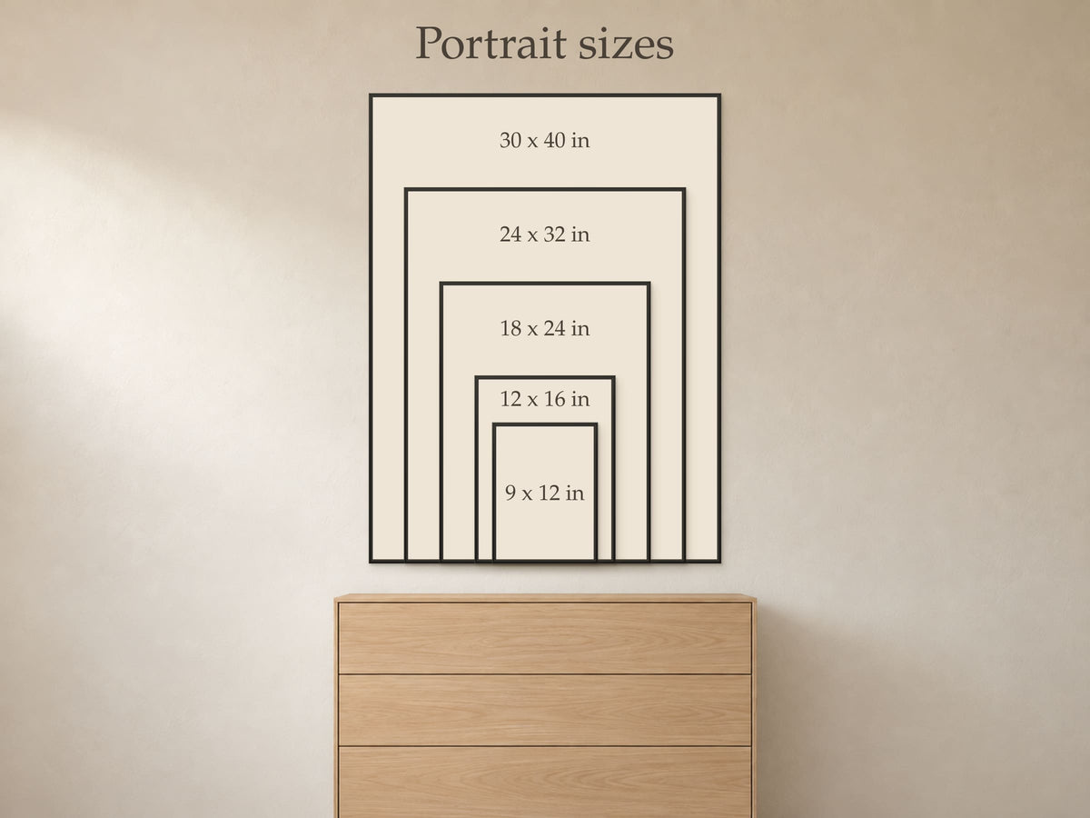 Size guide: the 5 portrait sizes, 9 by 12 up to 30 by 40 inches, shown to scale above a 36 inch chest of drawers