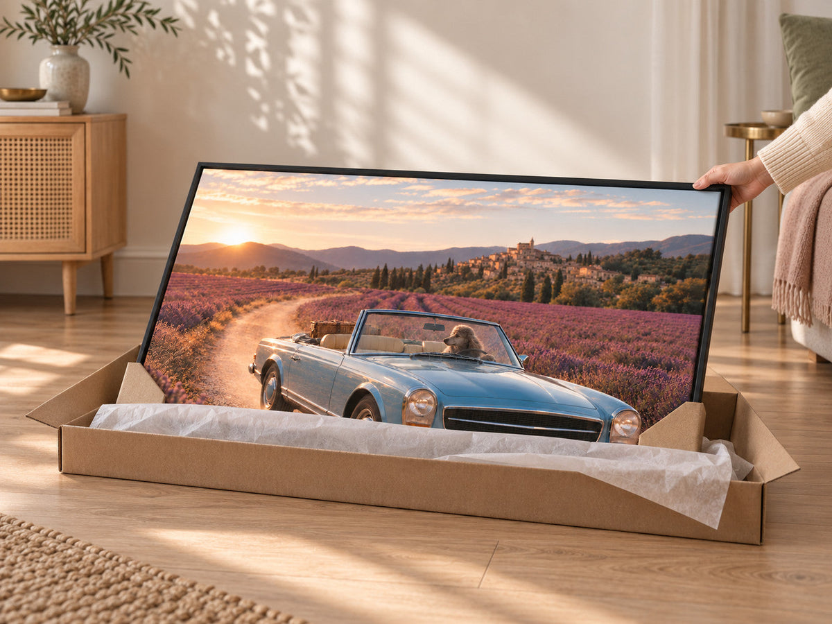 A framed landscape canvas lifted from its flat kraft carton, corner protectors still fitted