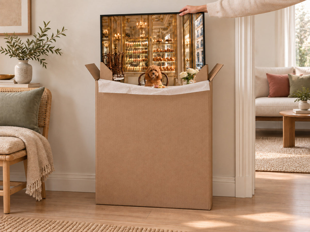 A framed portrait canvas lifted from its tall kraft carton, corner protectors still fitted