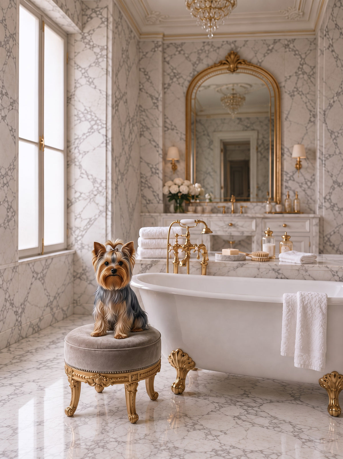 Yorkshire Terrier custom dog portrait in the Les Bains scene, L'Atelier by Bonne et Filou